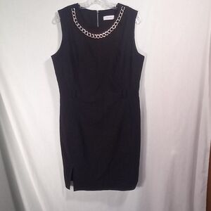 Calvin Klein Black with Gold Chain Neckline Sleeveless Sheath Dress Size 14